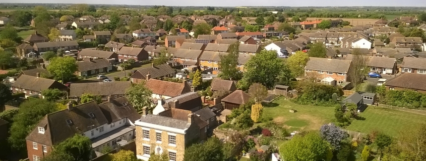 Street view of houses and gardens as seen from St Nicholas Church Tower in May 2017