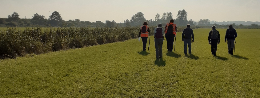 People walking across field
